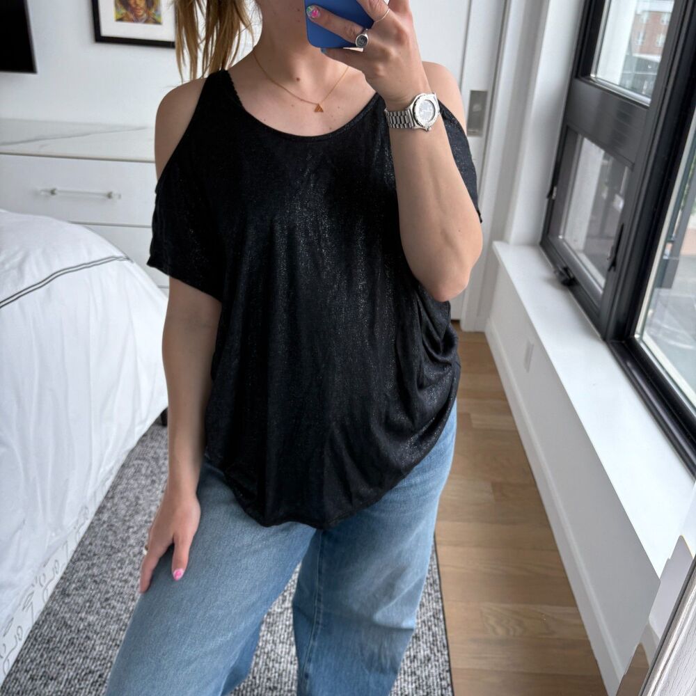Soft by Joie Shimmer Cold Shoulder Top Black Caviar Small - Picture 2 of 11